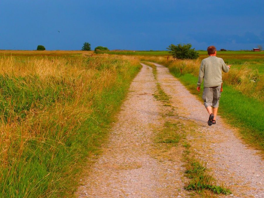 En man går på en grusväg i naturen